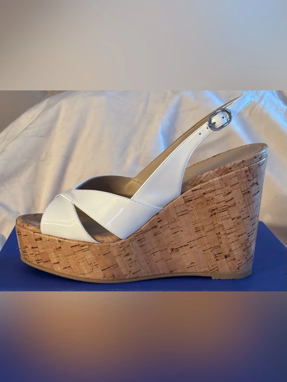 Stuart Weitzman White Patent Cork Platform Wedges - Picture 6 of 14